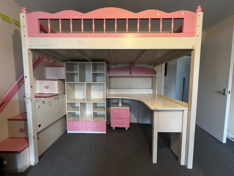 BARGAIN QUICK SALE Girls Loft bed with cupboard and chairs.