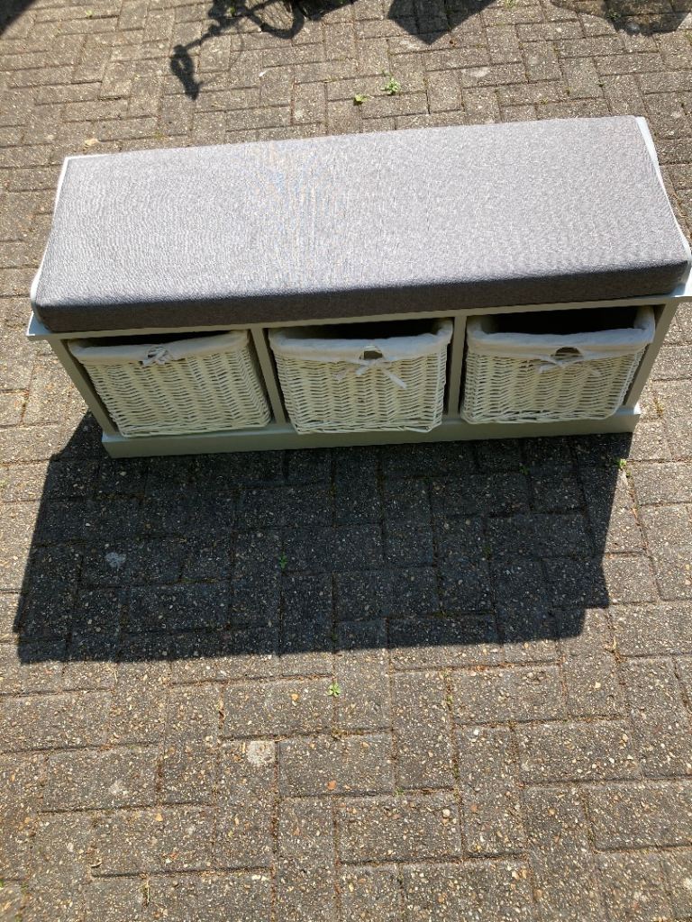 Grey Storage Bench with 3 Wicker Baskets – Good Condition
