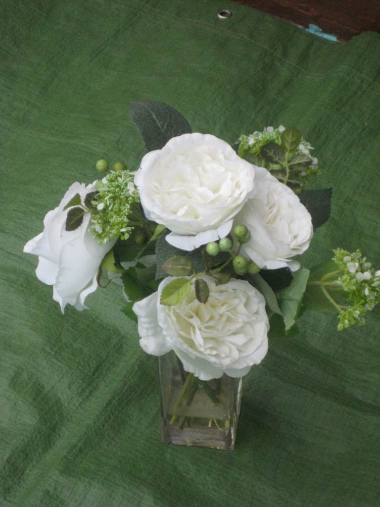Beautiful Artificial White Roses in a Glass Vase for £4.00