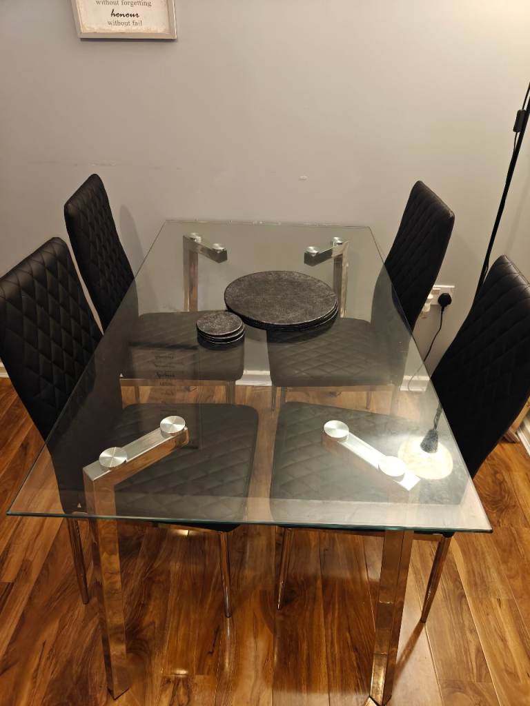 Chrome & Glass Dining Table with 4 Milan Faux Leather Chairs