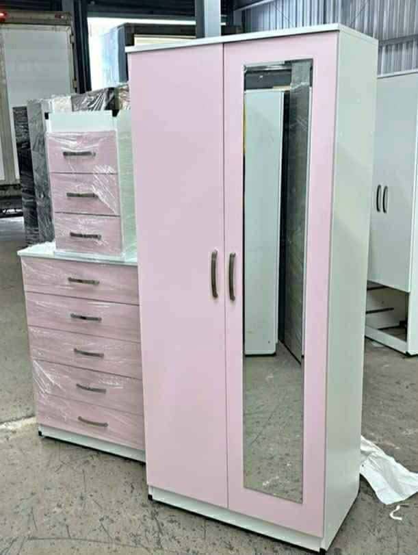 Wooden Double Door Wardrobe with Drawer and Mirror