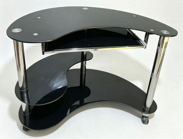 Black Glass Lidney Shapped Desk with Chrome Legs – Good Condition