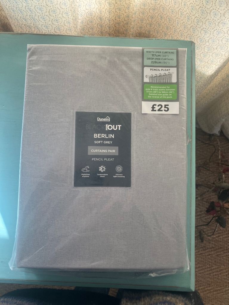 Pair Dunelm brand new long soft grey pencil pleat curtains