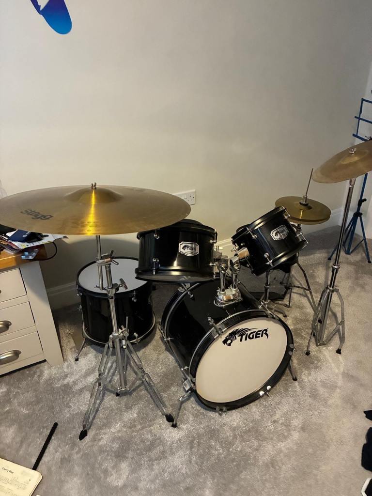 Tiger junior 5 piece drum kit, stool and cymbals