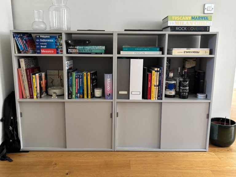 Grey Wooden Bookcase with Sliding Doors – Good Condition