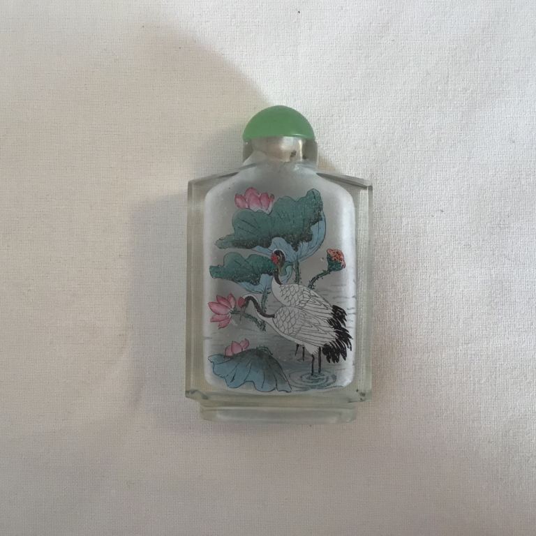 Vintage Chinese reverse painted glass snuff bottle with cranes & lotus flowers