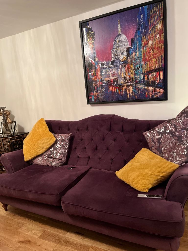 Lovely Purple Velvet Chesterfield Style Sofa Set – Good Condition