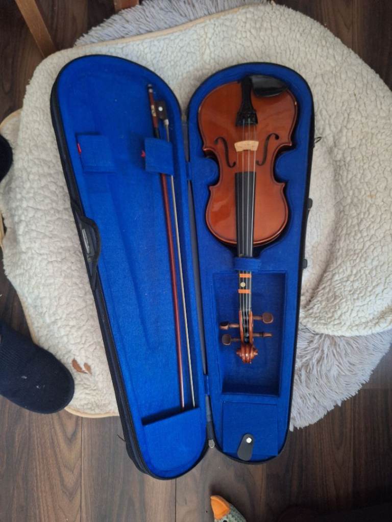 Violin with Blue Hard Case and Bow – Good Condition