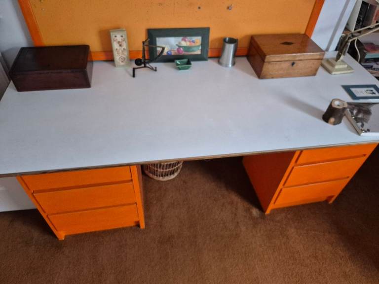 3 desks, drawers and office items