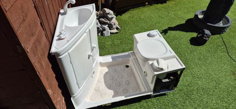 Caravan camper motorhome boat bathroom kit - toilet, shower tray, cabinet and Sink + external door.