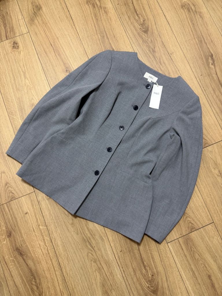 M&S Grey Collarless Blazer Jacket – Size 12, New with Tags