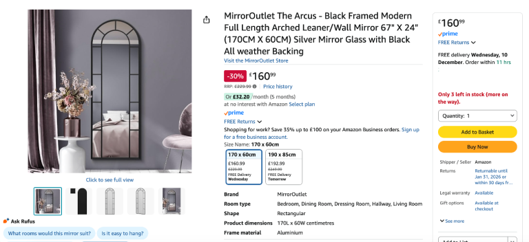 Mirror The Arcus - Black Wall Mirror 67" X 24" (170CM X 60CM)