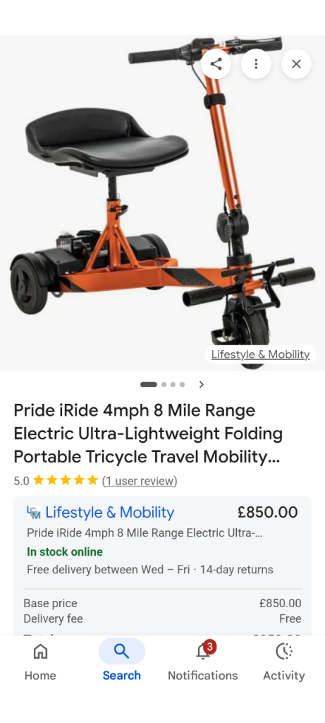 Pride iRide 4mph Electric Folding Tricycle – Like New