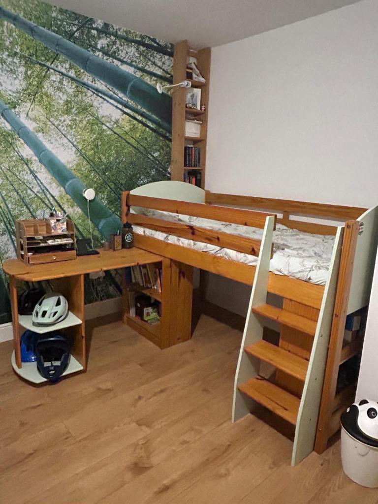 Cabin bed, desk, shelves, chest of drawers