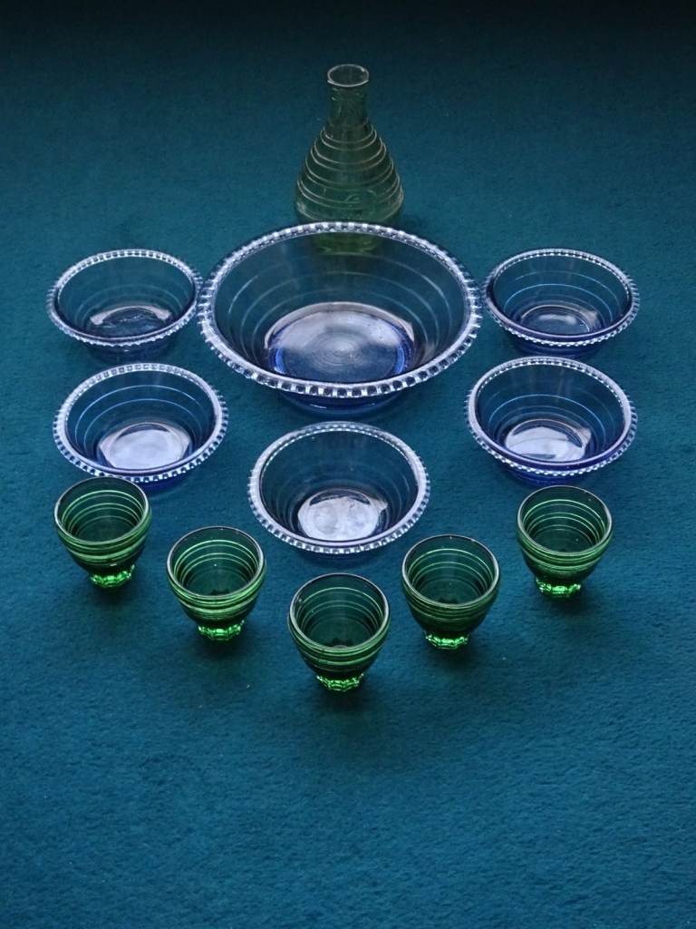 1970's Vintage Glassware - Blue Bowls, Green Glasses & Bottle