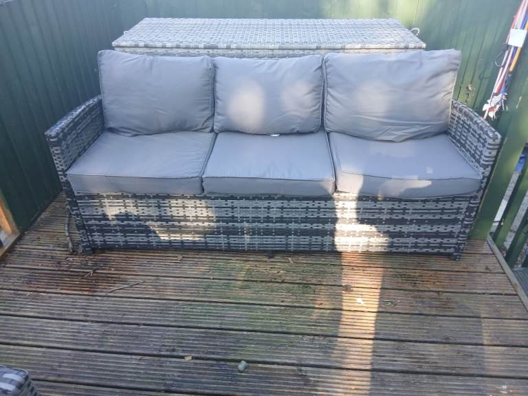 Grey Rattan Garden Sofa with Cushions – Good Condition