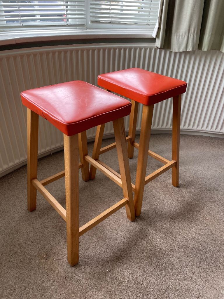 Mid-Century Modern Style Wooden Bar Stools – Orange Seats (Set of 2)