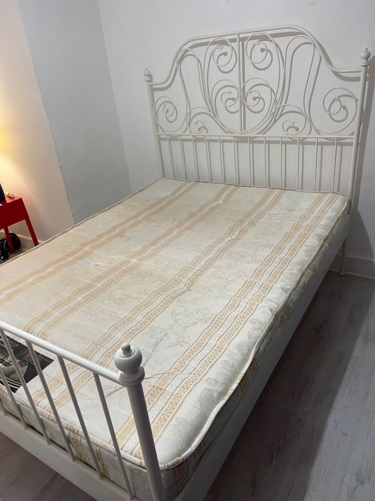 FREE DELIVERY IKEA LEIRVIK Bed frame with mattress, white, in good condition.