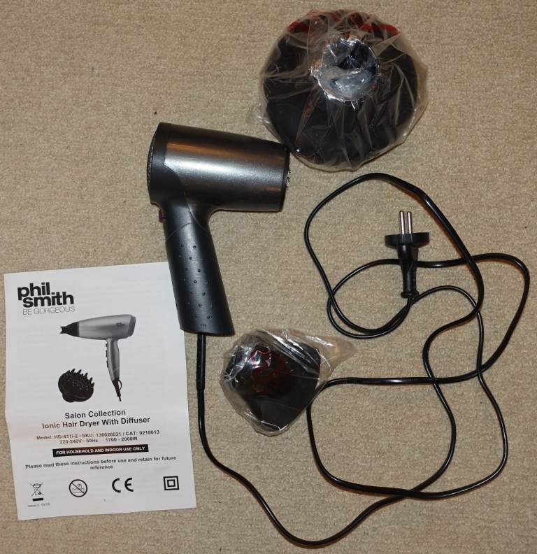 Phil Smith Salon Collection Ionic Hairdryer with diffuser. Model HD-417i-2. Plug is European