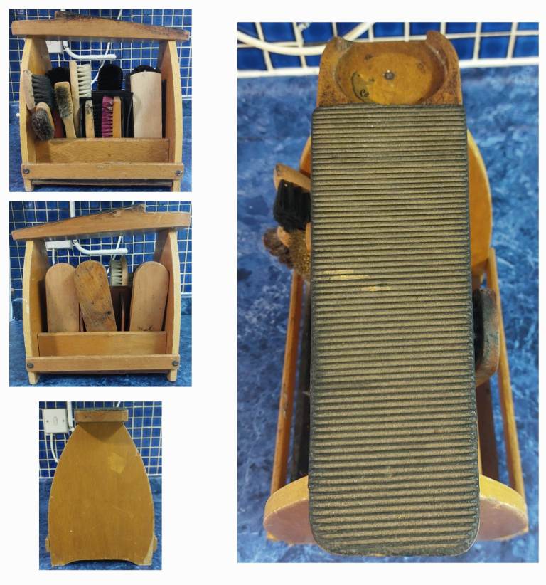 Vintage Wooden Shoe Shine Box with Brushes and Shoe Trees