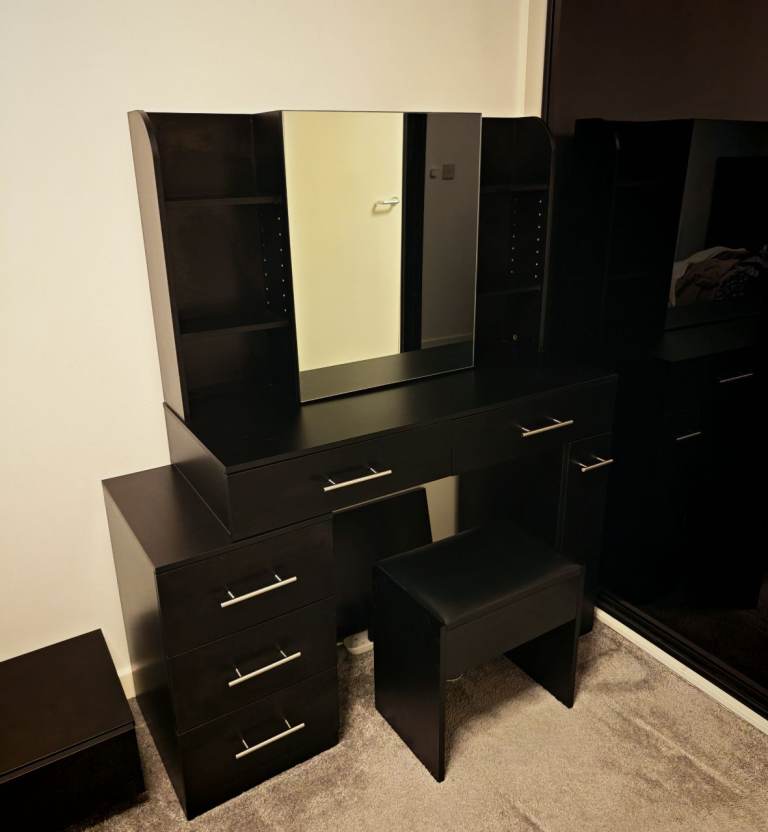 Black Dressing Table with Sliding Mirror & Stool