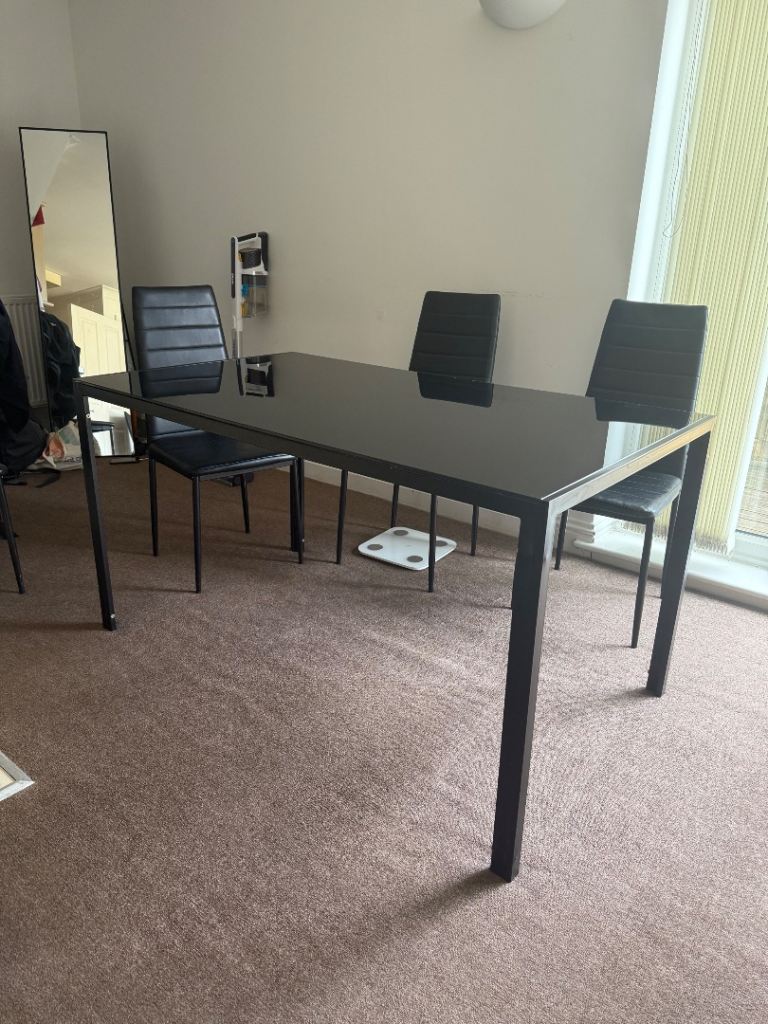 Black Glass Dining Table with Metal Frame