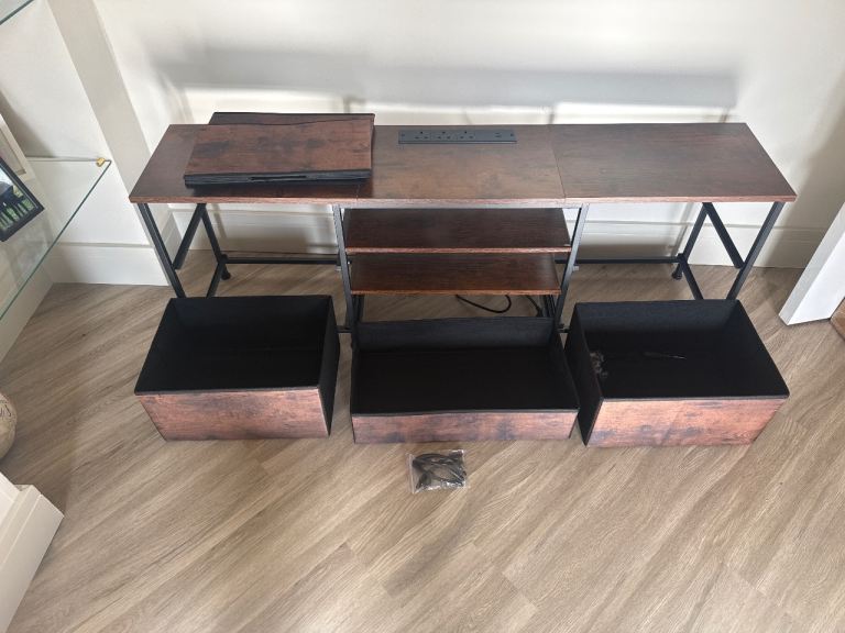 Industrial Style Wooden Desk with Integrated Power Sockets and Storage Drawers