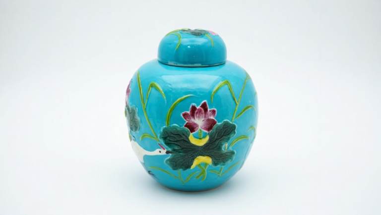 Vintage 19cm Chinese Wang Bing Rong Style Turquoise Ginger Jar – Crane & Lotus Relief