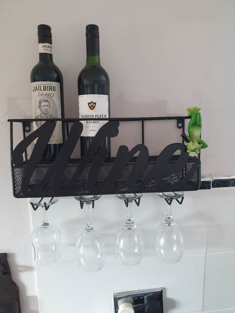 Black Metal Wine Rack with Glass Holders – Good Condition