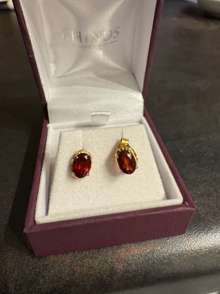 9 ct gold earrings with red gem 