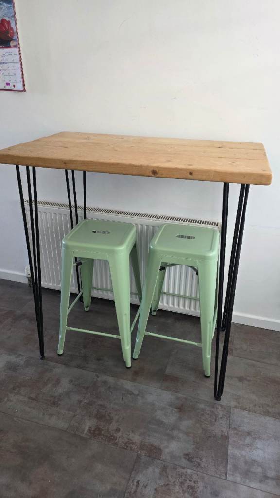 Rustic Reclaimed Wood Breakfast Bar Table with Hairpin Legs & 2 Sage Green Stools