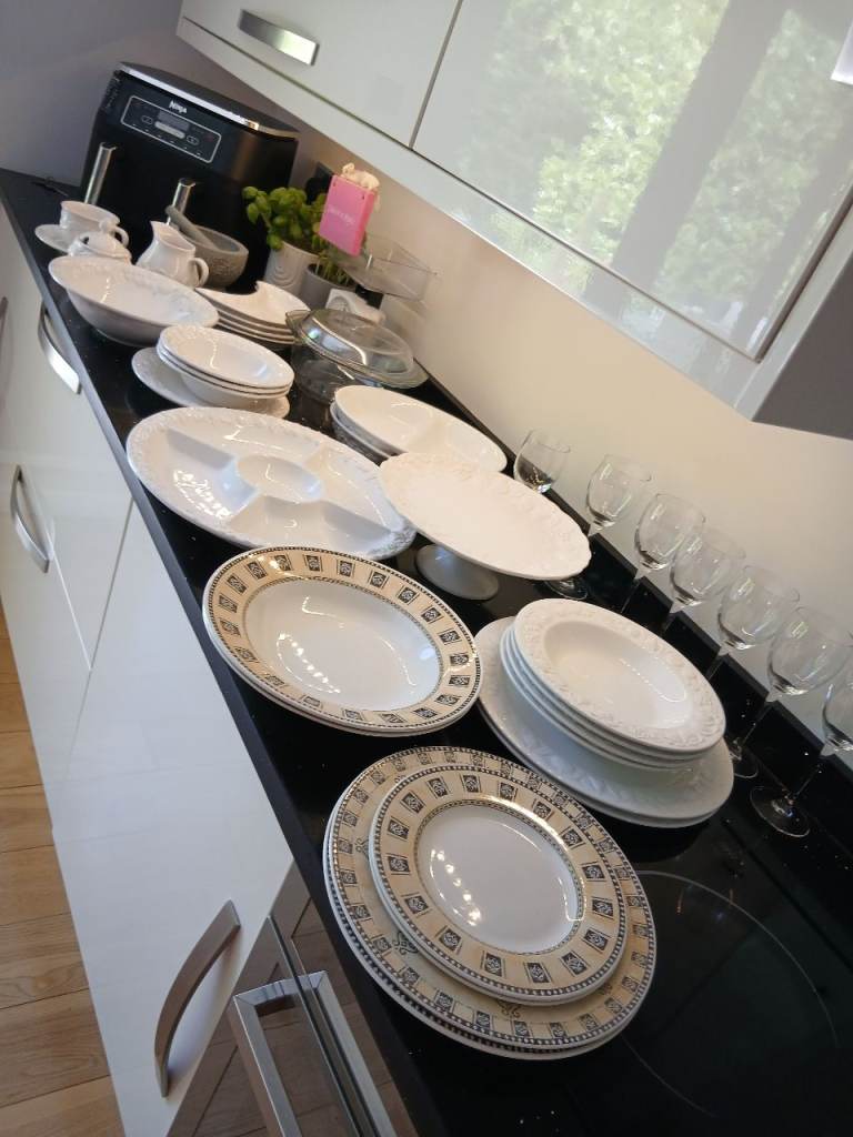 38 Items, M&S 1995 Crockery Set, Wine Glasses, Serving Dishes, Cake Stand, Pestle & Mortar & Scales