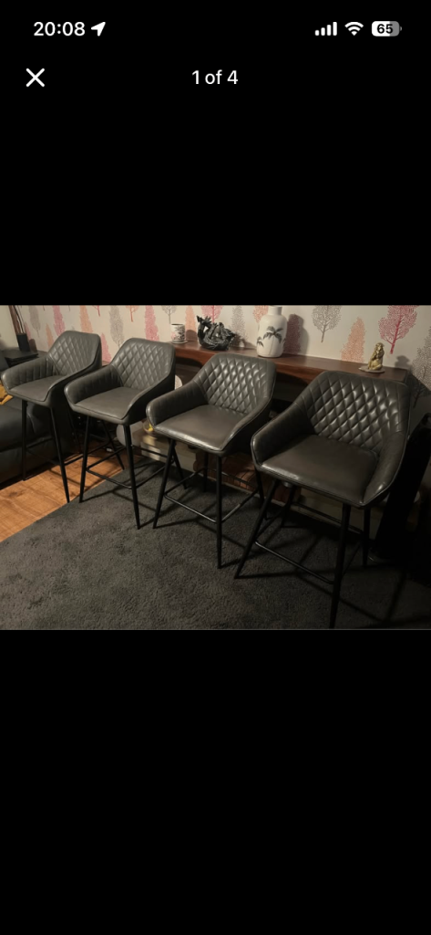 Set of 4 Grey Faux Leather Bar Stools – Good Condition