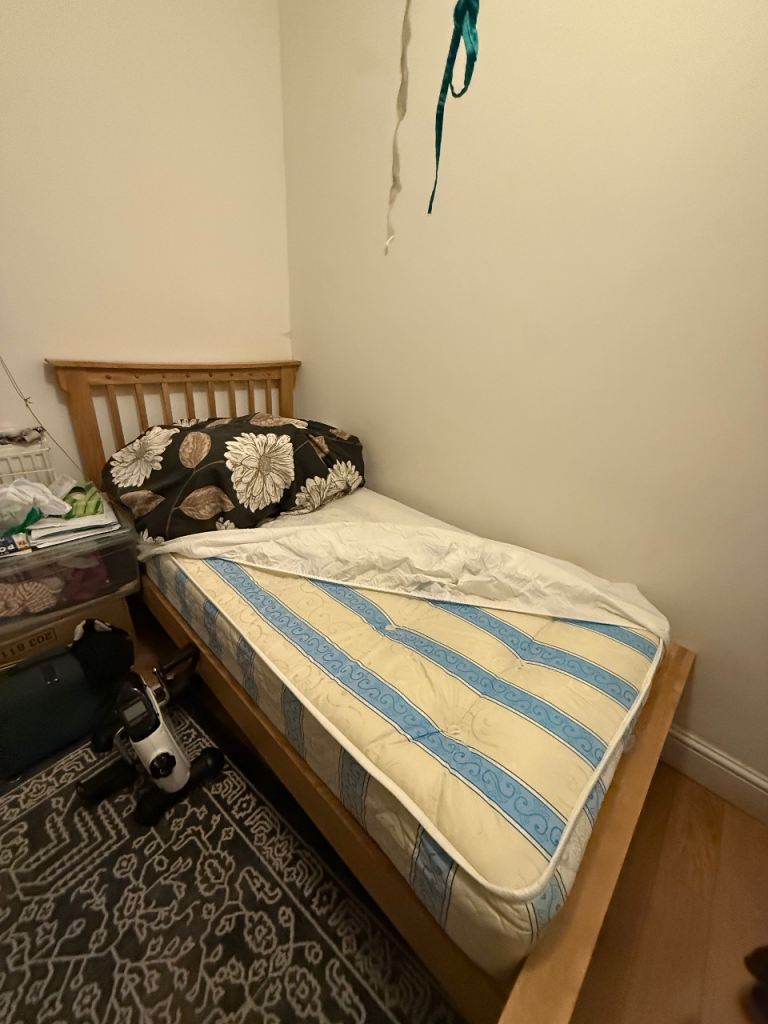 Free single real oak bed frame and mattress. Good condition