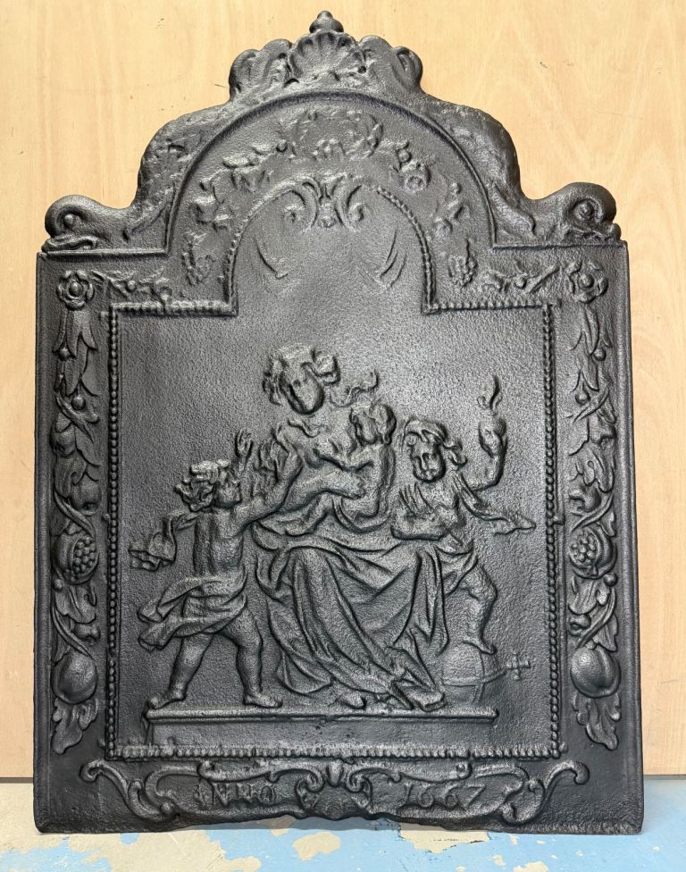 Antique German Cast Iron Fireback: Baroque Dutch ‘Anno 1667’ Charity design 96cm