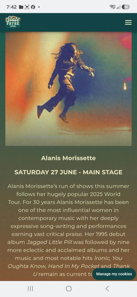 State Fayre 2026 Festival Ticket - Alanis Morissette Main Stage, Saturday 27th June