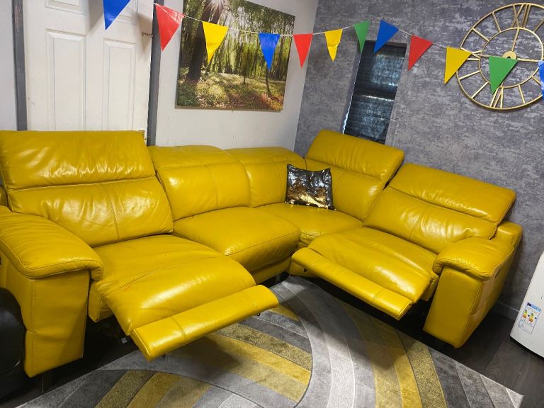 Bright Yellow Real Leather Corner Sofa Recliner - Good Condition