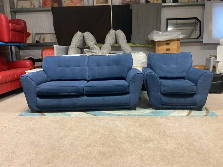 Blue Fabric 3 Seater Sofa and Chair excellent condition 