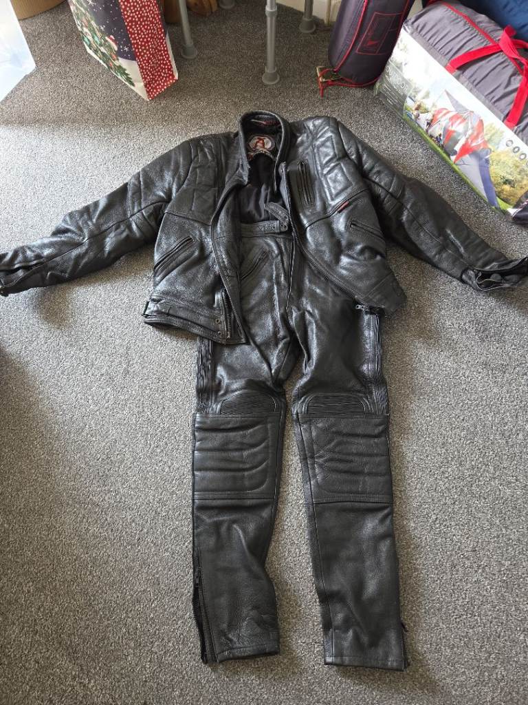 Leather motorbike jacket and trousers