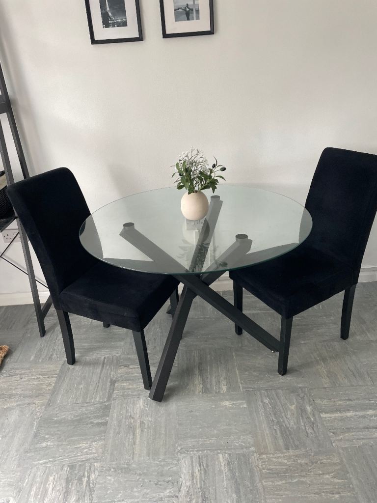 Glass Dining Table with 2 Black Velvet Chairs – Good Condition