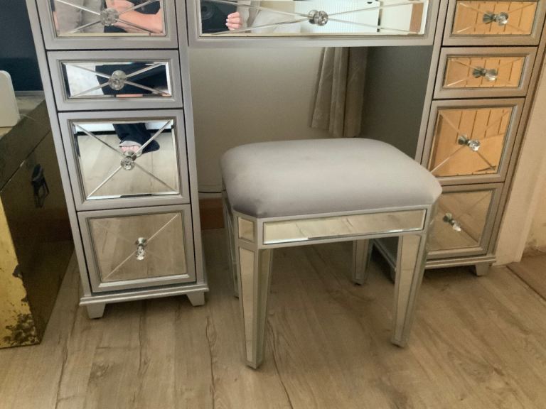 Dressing table, mirror and stool