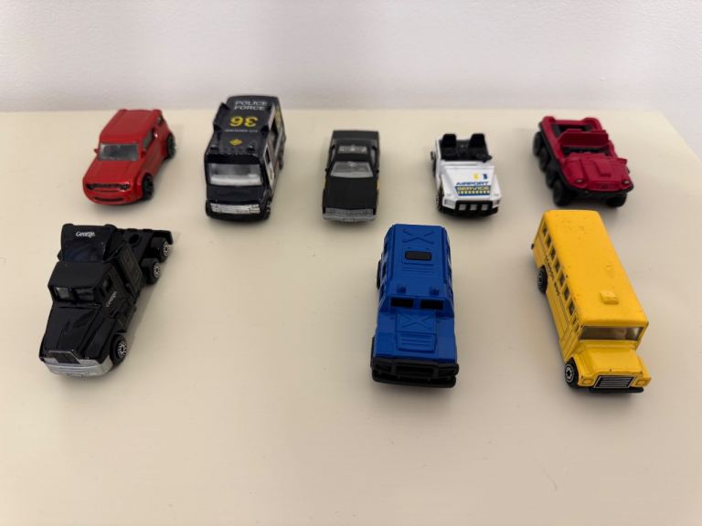 Job Lot 8 Toy Vehicles Cars, Trucks, Police, School Bus, Airport Van Play Bundle