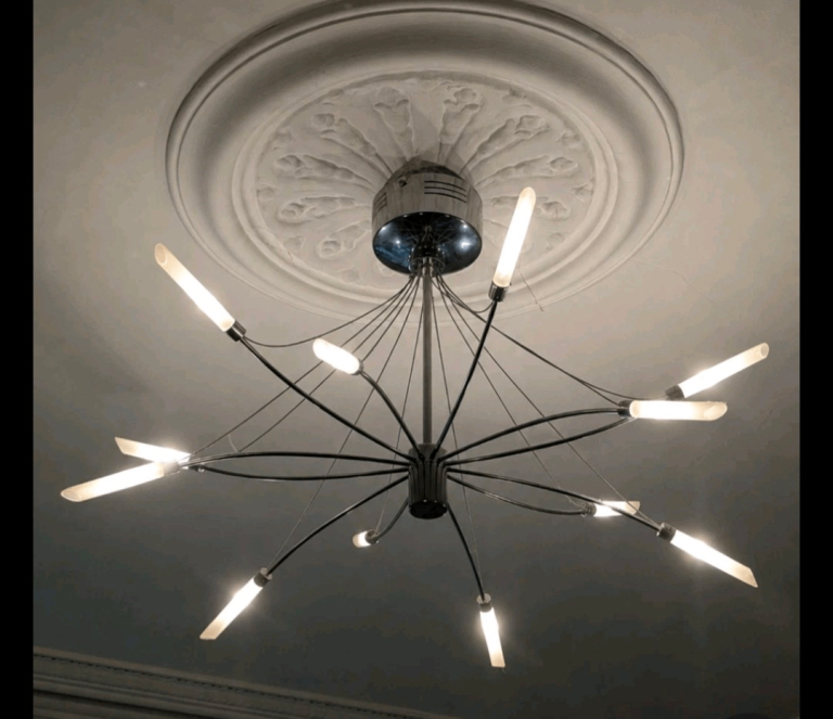*GONE* Chandelier Ceiling Light 12 Arm Chrome Glass G4 Modern Statement - 1 missing light shade