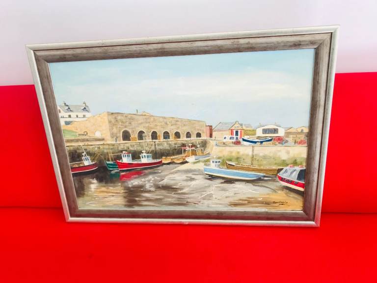 JUNE COLVIN PAINTING OF BOATS IN SEAHOUSES NORTHUMBERLAND