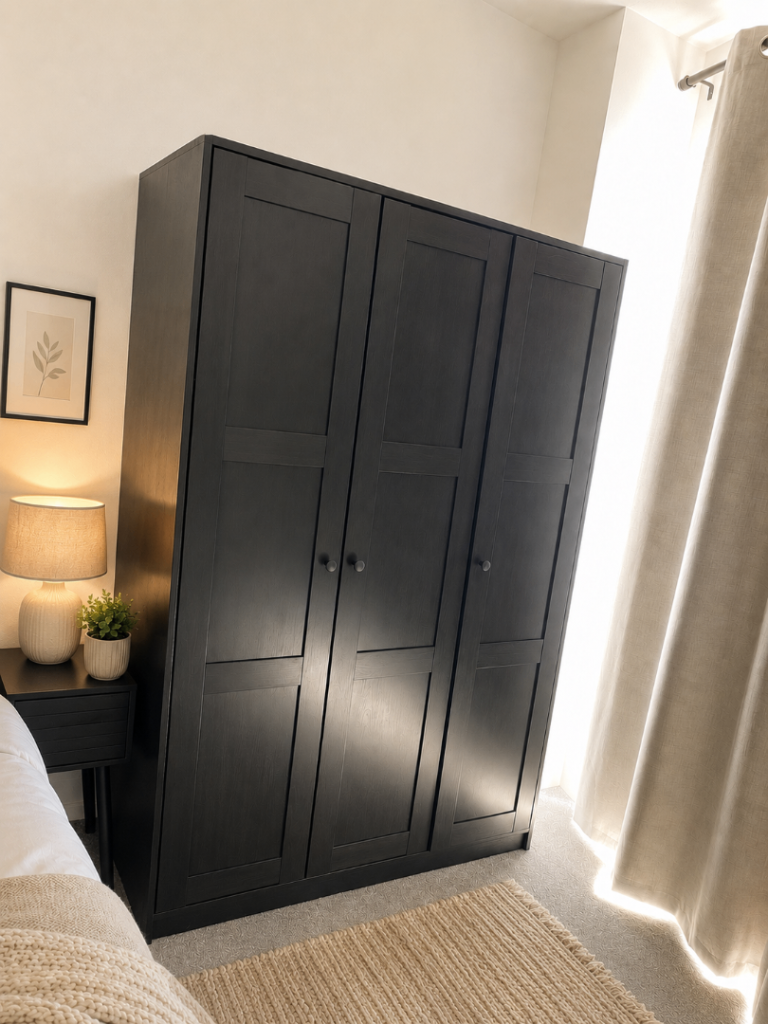 Ikea RAKKESTAD Dark Wood Triple Wardrobe with Panel Doors – Great condition