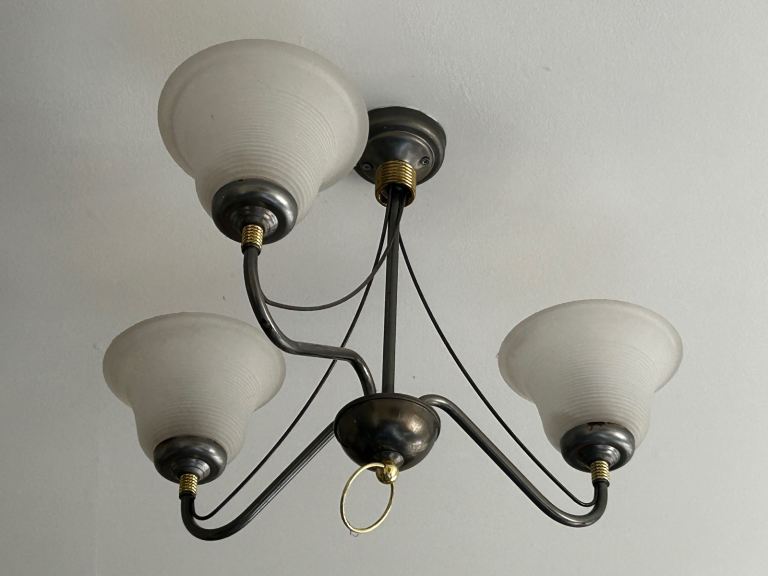 Satin Nickel & Brass Trim Glass Shades 3 Arm Ceiling Light 