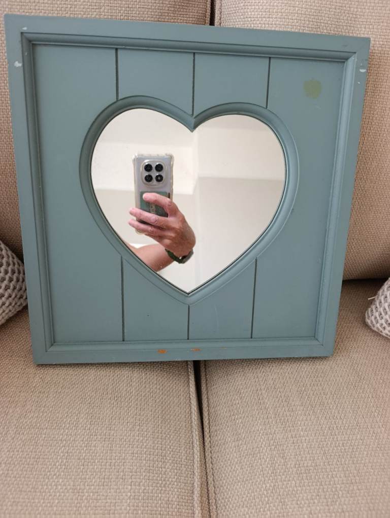 Lovely Heart Shaped Wooden Mirror – Blue, Good Condition