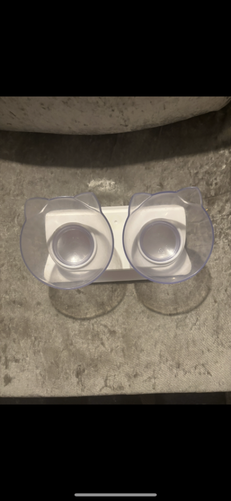 Cat mat, food bowls and a canvas 