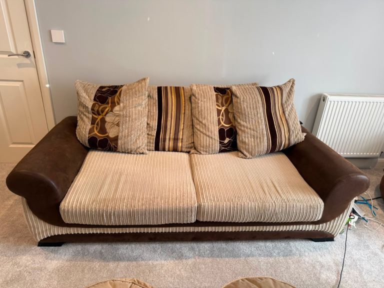 2 Comfortable Brown and Beige Fabric with Cushions – Good Condition