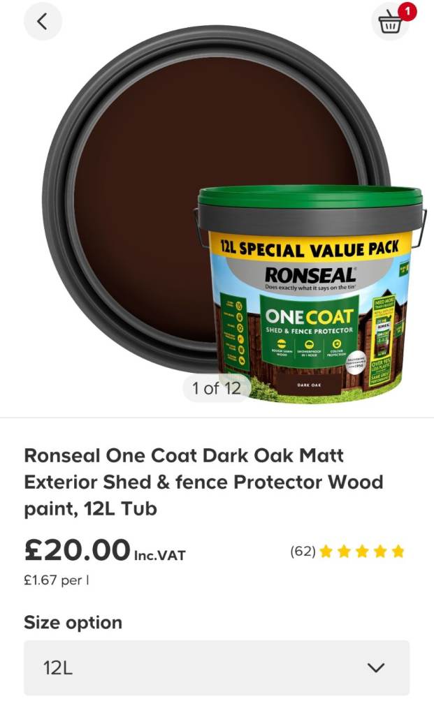 Ronseal Dark Oak 12l One Coat Shed and Fence Paint